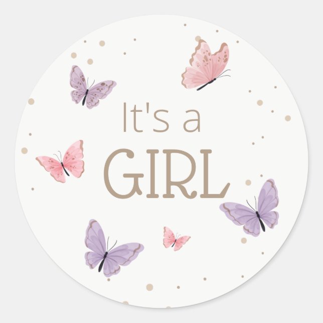 Butterfly It's a GIRL Baby Shower  Classic Round Sticker (Front)