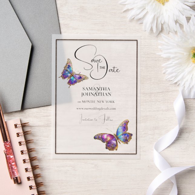 Butterfly jewel purple blue save the date vellum invitations (Wedding)