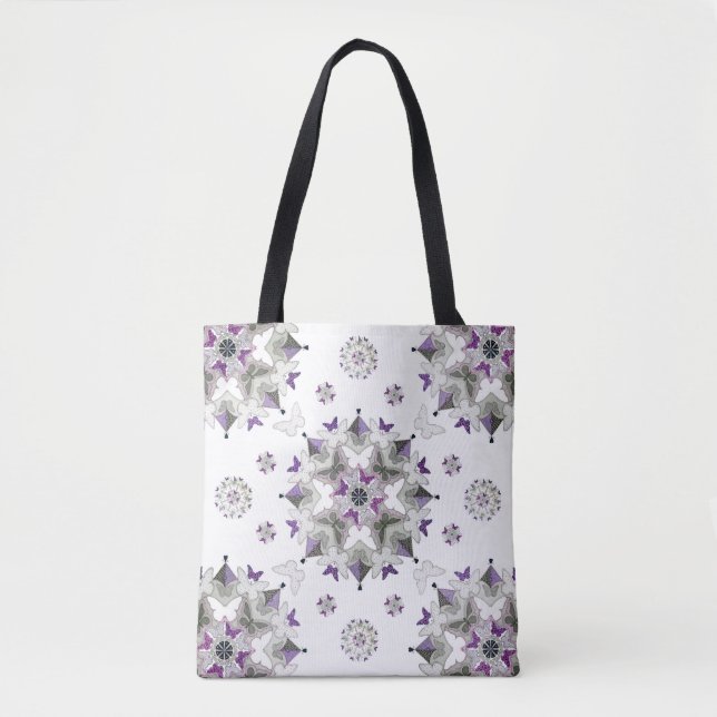 Butterfly Kaleid Print Tote Bag, Purple & Grey (Front)