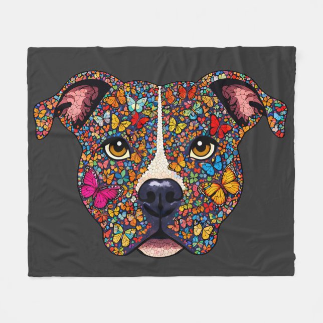 Butterfly Kaleidoscope Pitbull Portrait -Bully Mom Fleece Blanket (Front (Horizontal))
