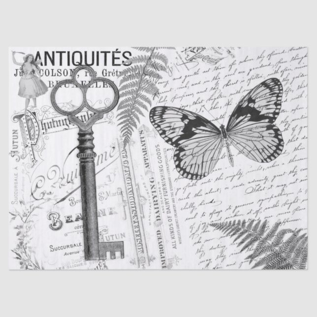 Butterfly Key Black White Decoupage Tissue Paper (Front)