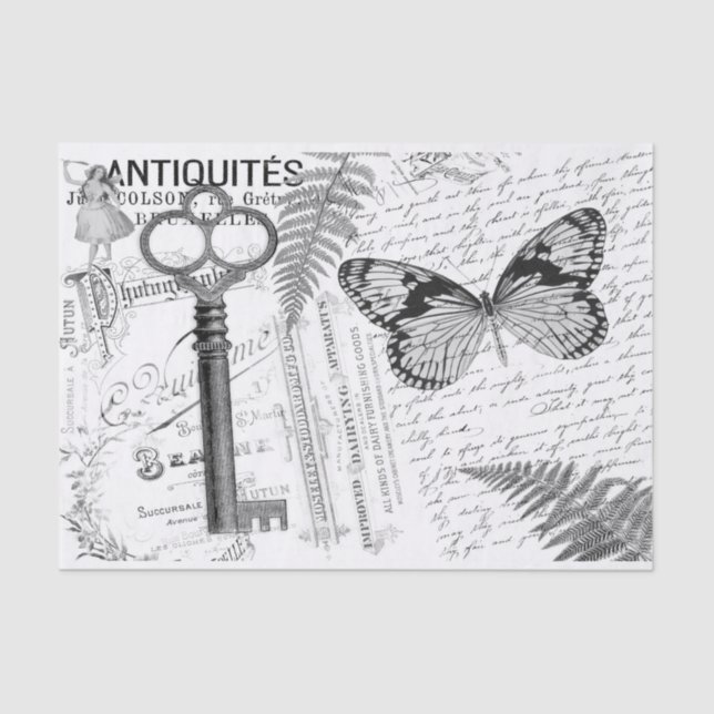Butterfly Key Black White Decoupage Tissue Paper (Front)