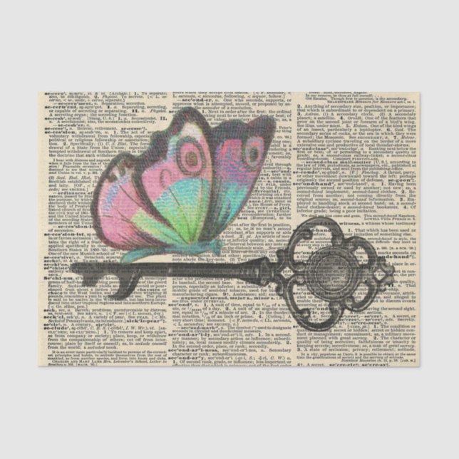 Butterfly Key Vintage Newspaper Decoupage Tissue Paper (Front)