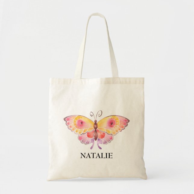 Butterfly Kids Girls Pink Personalised Tote Bag (Front)