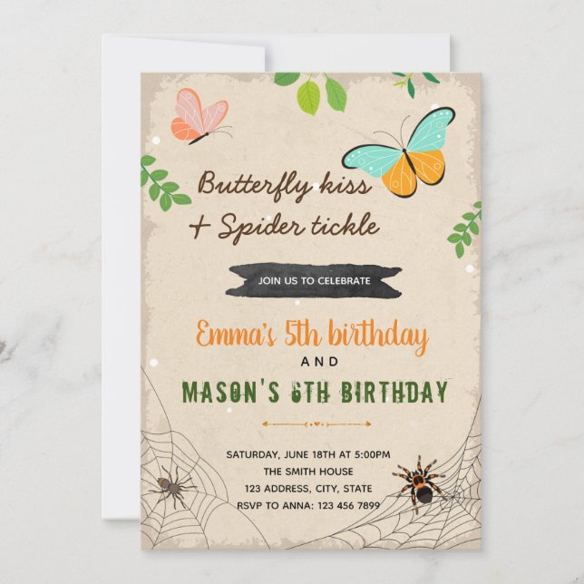 Butterfly kiss and spider tickle birthday invitation (Front)