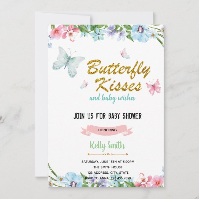 Butterfly kiss baby wishes birthday invitation (Front)