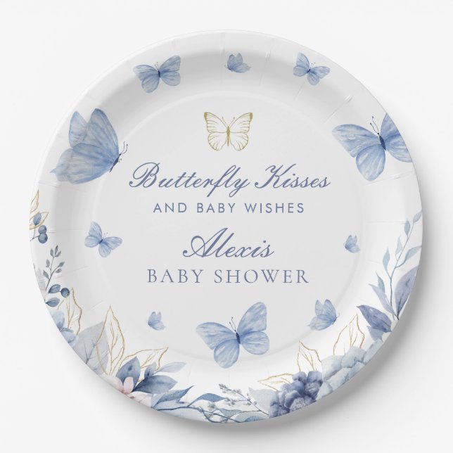 Butterfly Kisses and Baby Wishes Boy Baby Shower  Paper Plate (Front)