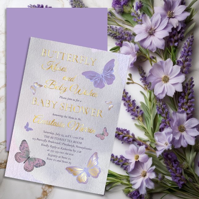 Butterfly Kisses and Baby Wishes Girl Baby Shower (Butterfly Kisses and Baby Wishes Girl Baby Shower Lavender and Gold Foil Invitation)