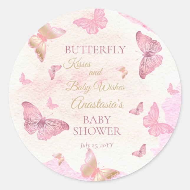 Butterfly Kisses and Baby Wishes Girl Baby Shower  Classic Round Sticker (Front)