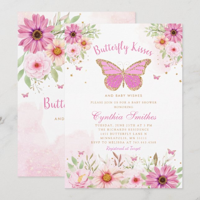 Butterfly Kisses and Baby Wishes Girl Baby Shower  Invitation (Front/Back)