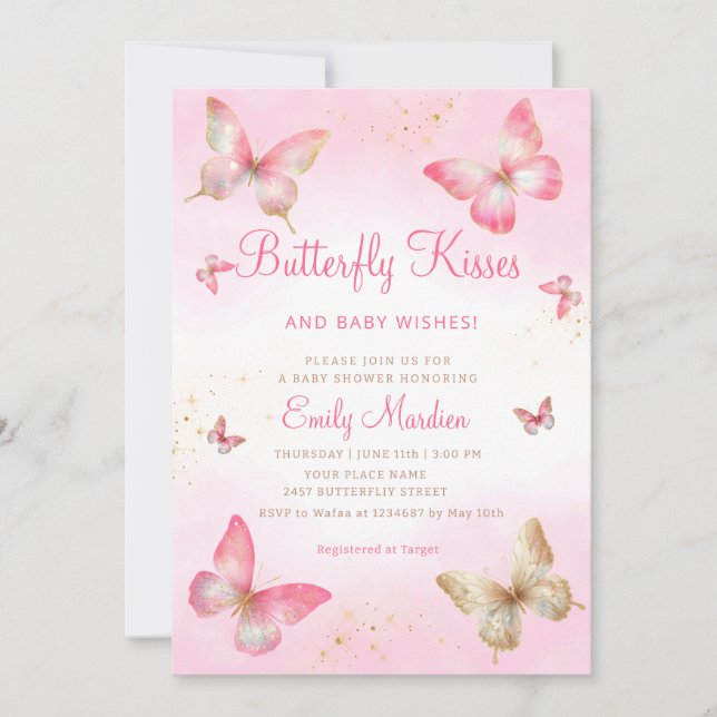 Butterfly Kisses and Baby Wishes Girl Baby Shower  Invitation (Front)