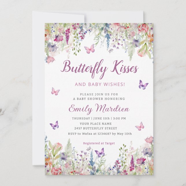 Butterfly Kisses and Baby Wishes Girl Baby Shower  Invitation (Front)