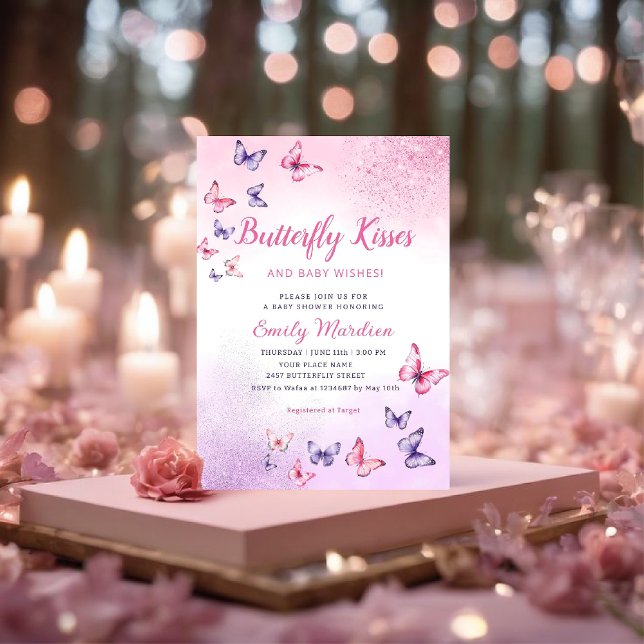 Butterfly Kisses and Baby Wishes Girl Baby Shower  Invitation (Creator Uploaded)