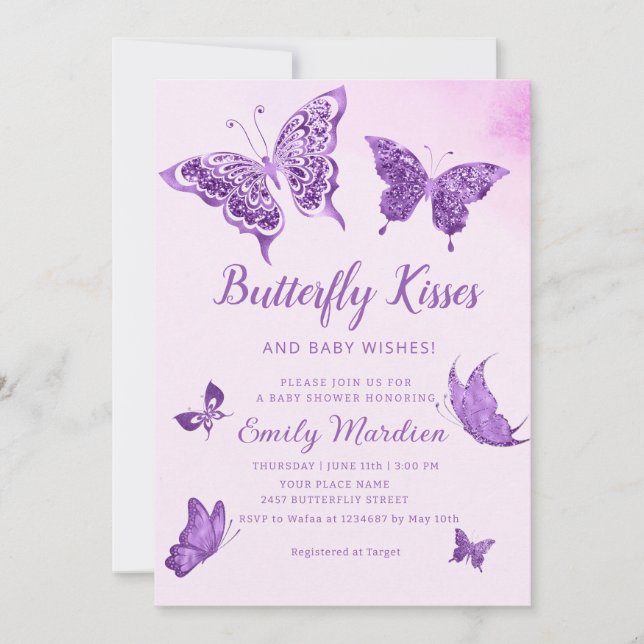 Butterfly Kisses and Baby Wishes Girl Baby Shower Invitation (Front)