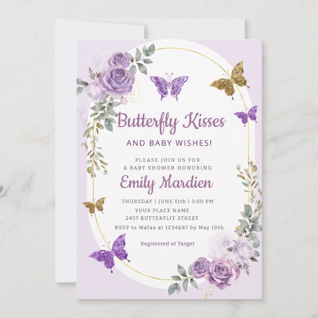 Butterfly Kisses and Baby Wishes Girl Baby Shower  Invitation (Front)