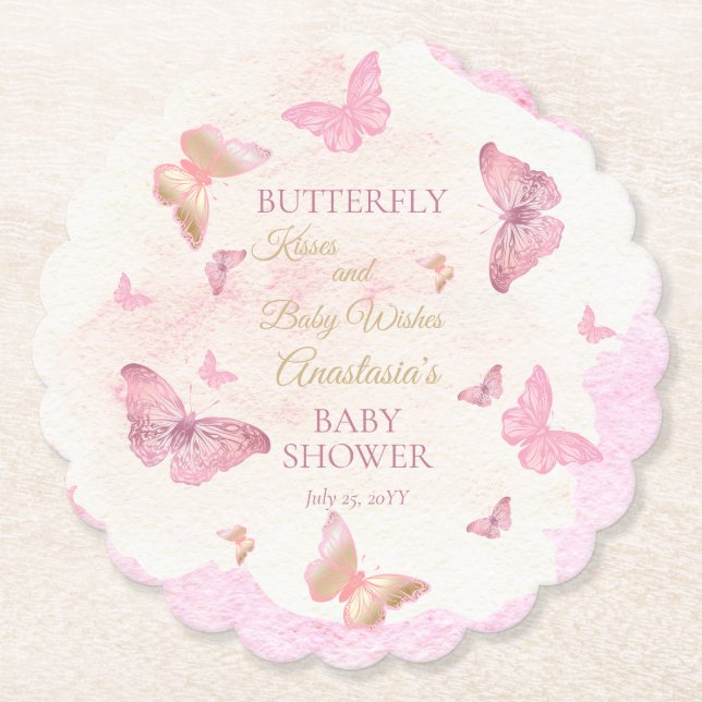 Butterfly Kisses and Baby Wishes Girl Baby Shower  Paper Coaster (Front)
