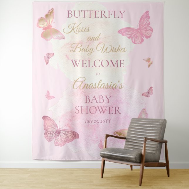 Butterfly Kisses and Baby Wishes Girl Baby Shower Tapestry (In Situ)
