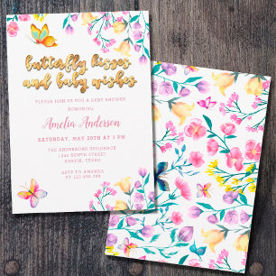 Butterfly Kisses and Baby Wishes Gold Baby Shower Invitation