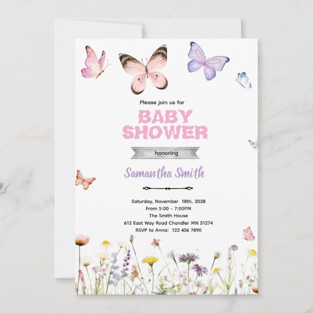 Butterfly Kisses and Baby Wishes Invitation (Front)