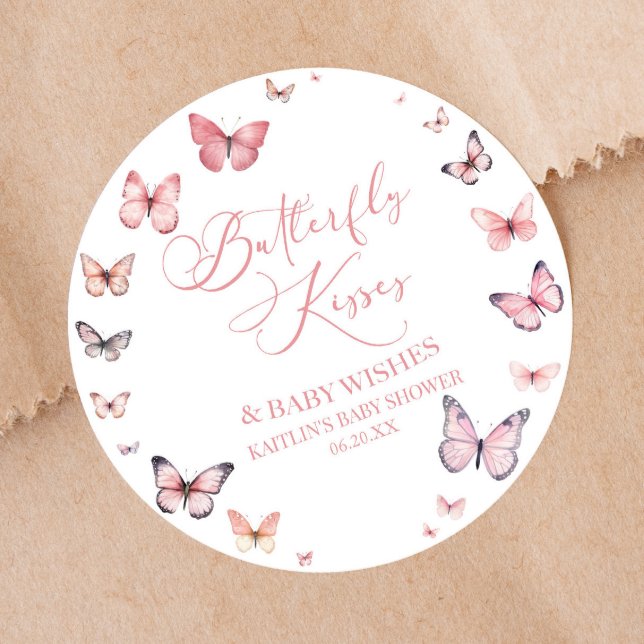 Butterfly Kisses and Baby Wishes Pink Baby Shower  Classic Round Sticker (Creator Uploaded)