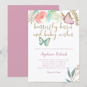 Butterfly Kisses and  Baby Wishes Pink Baby Shower Invitation