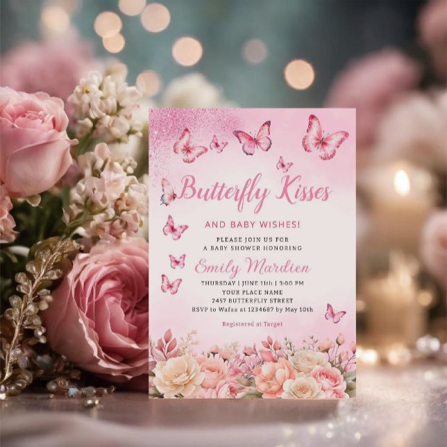 Butterfly Kisses and Baby Wishes pink Baby Shower  Invitation (Creator Uploaded)