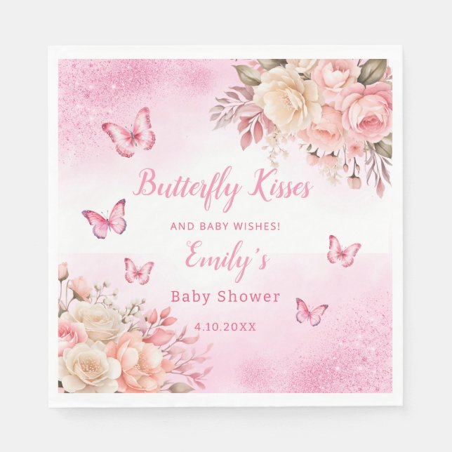 Butterfly Kisses and Baby Wishes pink Baby Shower Napkin (Front)