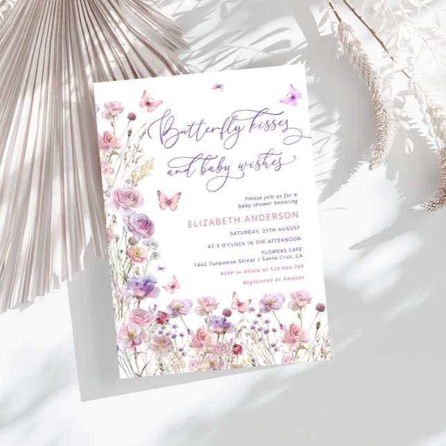 Butterfly Kisses and Baby Wishes Purple Pink Baby  Invitation (Creator Uploaded)