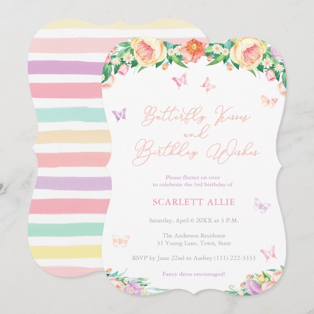 Butterfly Kisses and Birthday Wishes Pretty Party Invitation (Front/Back)