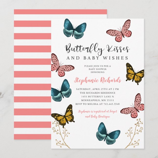 Butterfly Kisses and Wishes Pink Baby Shower Invitation (Front/Back)