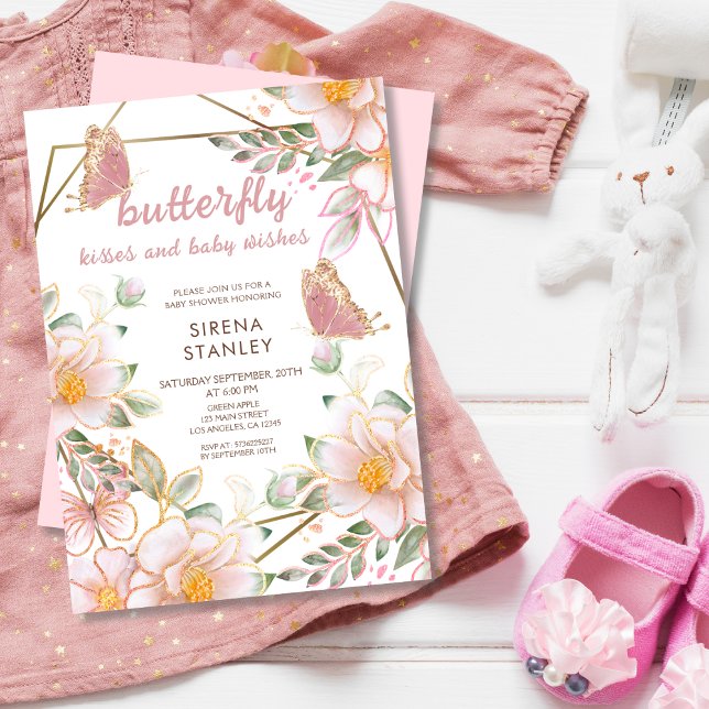 Butterfly Kisses and Wishes Pink Girl Baby Shower Invitation (Creator Uploaded)
