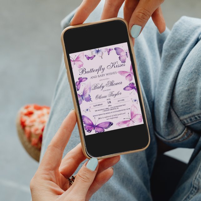 Butterfly Kisses Baby Shower Girl Purple Pink Inv Invitation (Creator Uploaded)