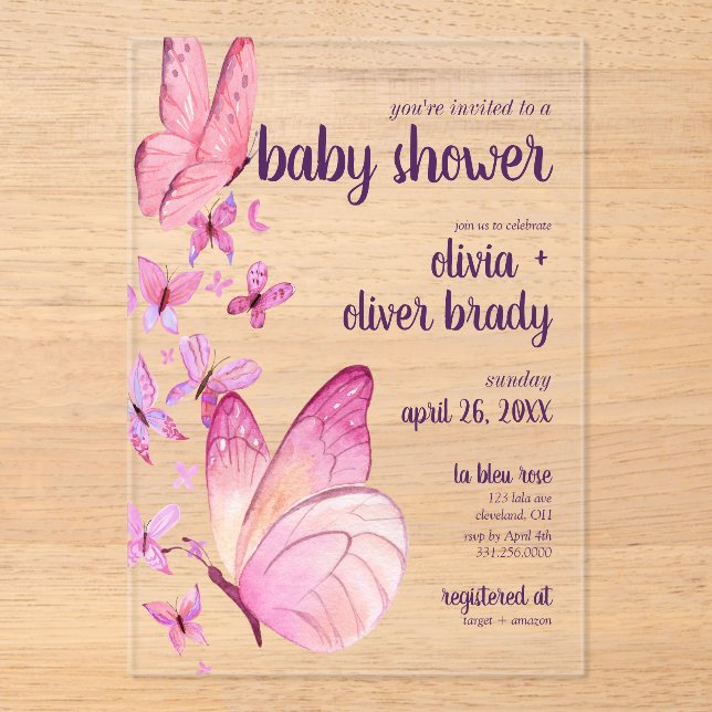 Butterfly Kisses & Baby Wishes | Baby Shower Pink Acrylic Invitations (Front)