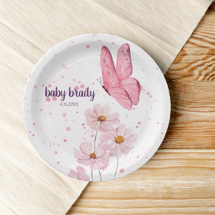 Butterfly Kisses & Baby Wishes Baby Shower Pink Paper Plate