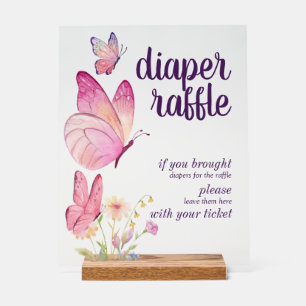 Butterfly Kisses Baby Wishes Diaper Raffle Pink Acrylic Sign