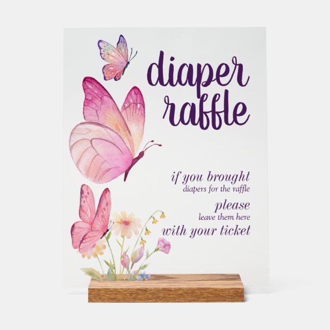 Butterfly Kisses Baby Wishes | Diaper Raffle Pink Acrylic Sign (Front)