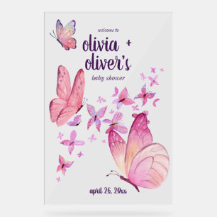 Butterfly Kisses & Baby Wishes Pink TWO NAMES Acrylic Sign