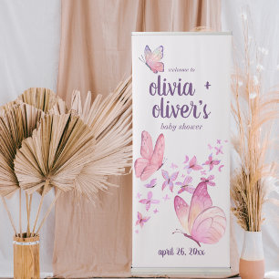 Butterfly Kisses & Baby Wishes   Pink TWO NAMES Retractable Banner