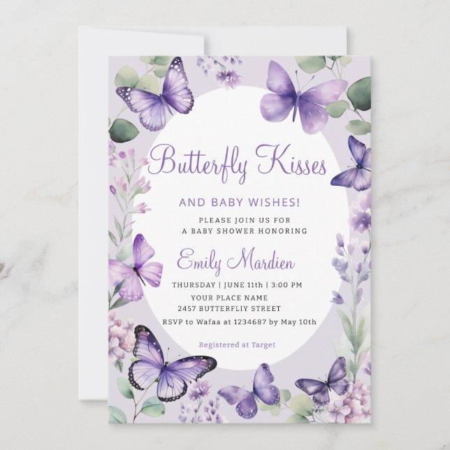Butterfly Kisses & Baby Wishes Purple Baby Shower Invitation (Front)