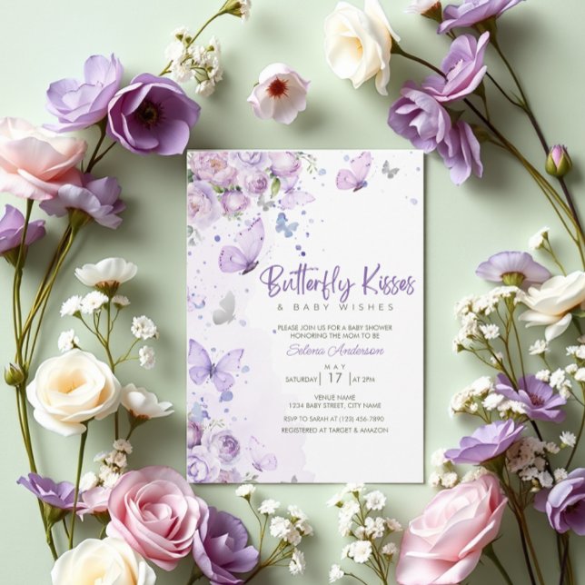 Butterfly Kisses & Baby Wishes Purple Baby Shower Invitation (Creator Uploaded)