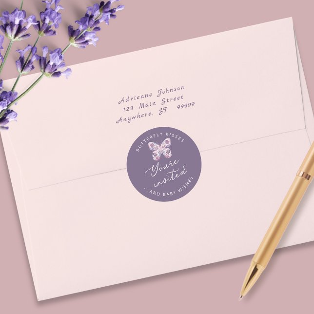 Butterfly Kisses + Baby Wishes Purple Envelope Classic Round Sticker (Shown as a small 1-1/2" round sticker on an A7 envelope)