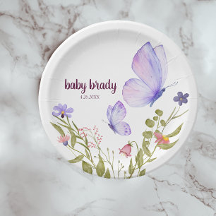 Butterfly Kisses & Baby Wishes Purple Party Paper Plate