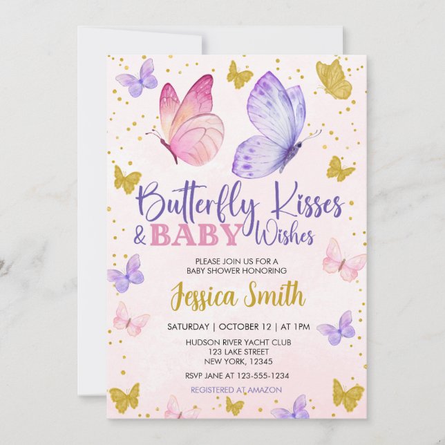 BUTTERFLY KISSES & BABY WISHES WATERCOLOR INVITATION (Front)