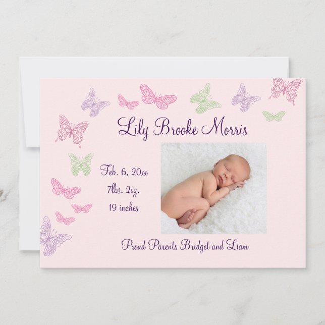 Butterfly Kisses Birth Announcement pink (Front)