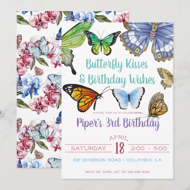 Butterfly Kisses Birthday Party Invitation (Front/Back)