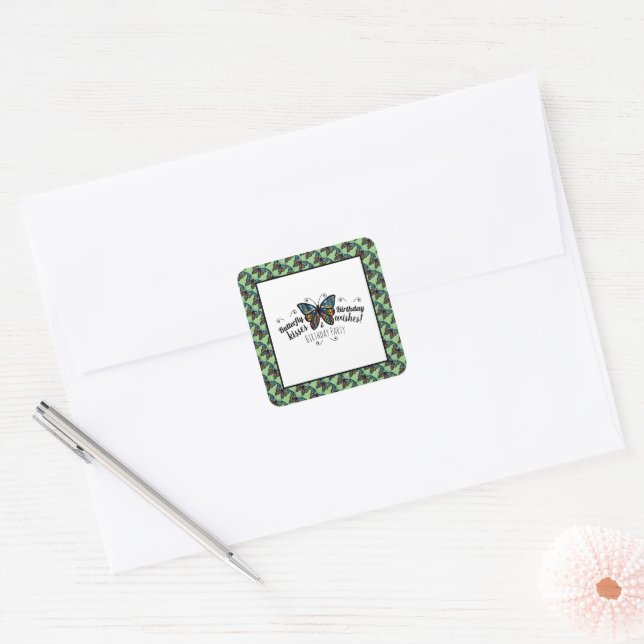 Butterfly Kisses Birthday Party Square Sticker (Envelope)
