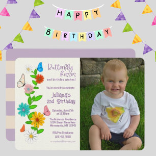 Butterfly Kisses & birthday wishes Photo Birthday Invitation