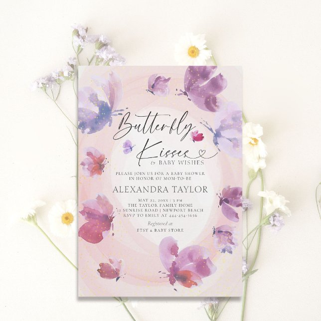 Butterfly Kisses Blush Purple Baby Girl Shower Invitation (butterfly baby shower theme invitation watercolor whimsical sprinkles garden party spring summer)