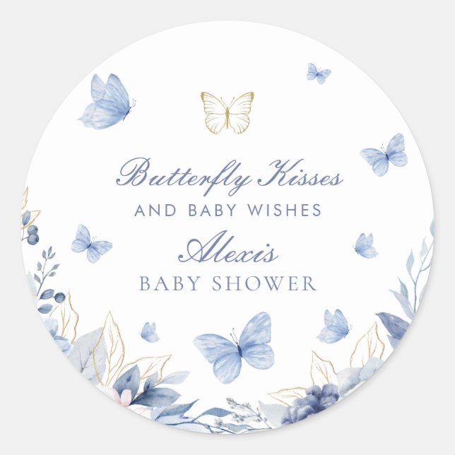Butterfly Kisses Boy Baby Shower  Classic Round Sticker (Front)