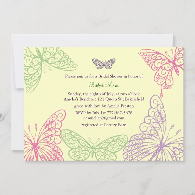 Butterfly Kisses Bridal Shower Invite yellow (Front)